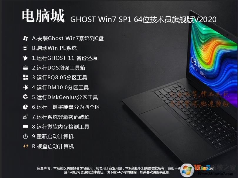 电脑城WIN7 64位技术员专用旗舰版(新机型，USB3.0,NVME,深度优化)V2019